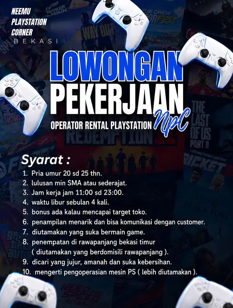 Lowongan jaga rental playstation