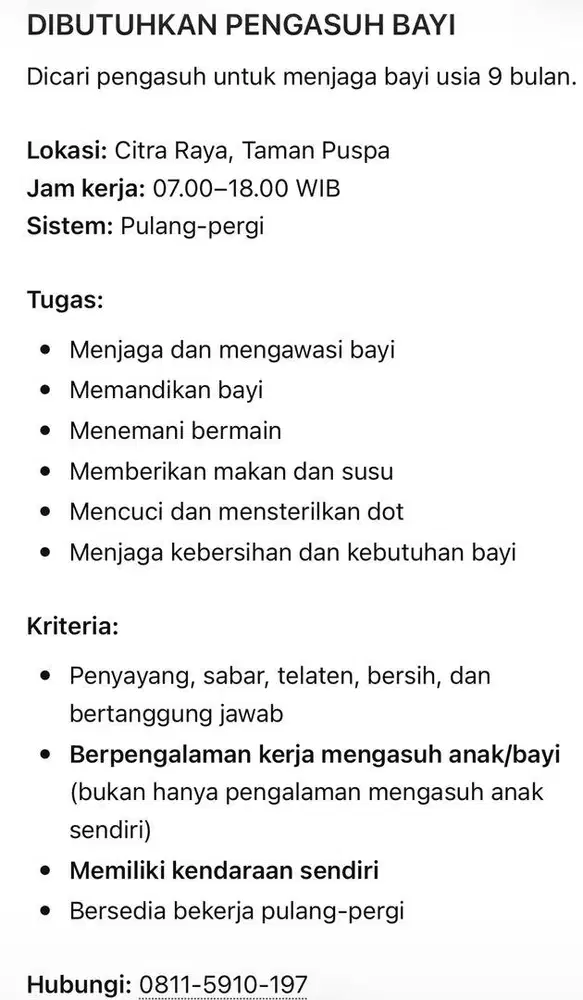 Pengasuh Bayi Usia 9 Bulan – Citra Raya