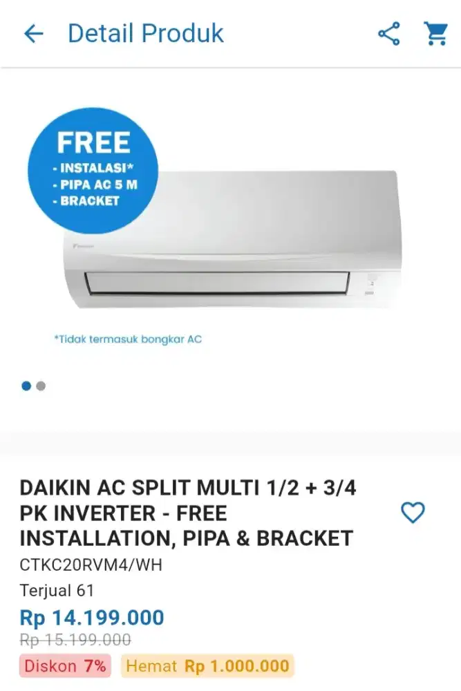 CICILAN DAIKIN AC SPLIT MULTI 1/2 + 3/4 PK INVERTER