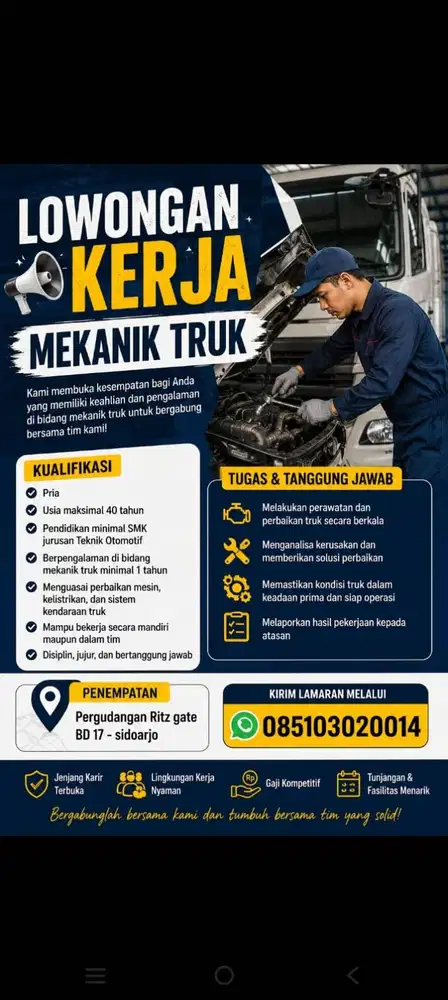 DI BUTUHKAN CEPAT MEKANIK TRUK CDD, FUSO, WINGBOX, TRAILER