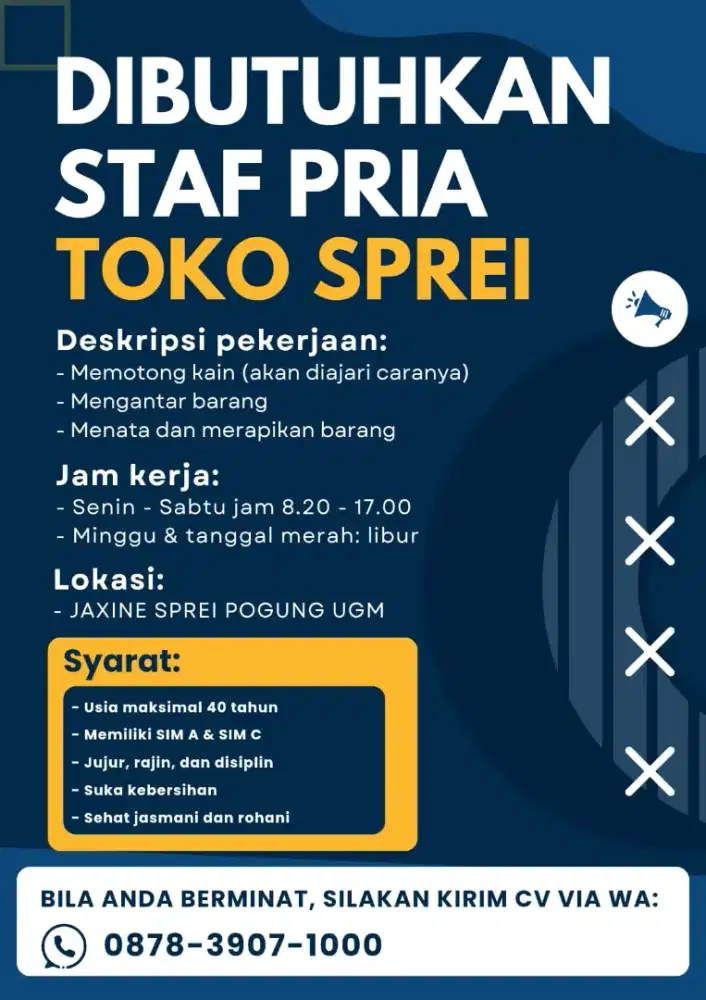 Dibutuhkan Staf Pria untuk Toko Sprei