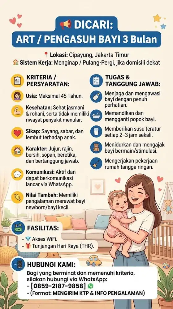 Lowongan Pekerjaan ART / PENGASUH BAYI 3 BULAN