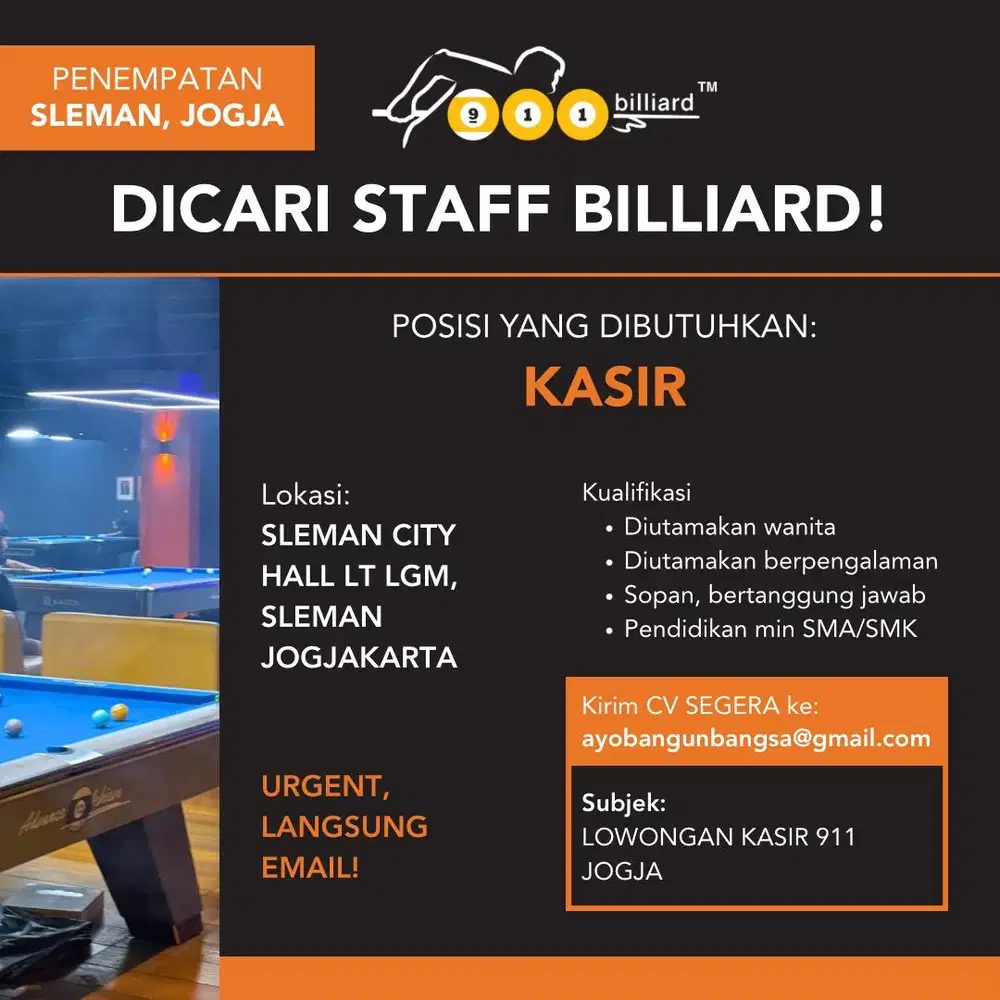 Lowongan Kerja Kasir 911 Billiard Jogja