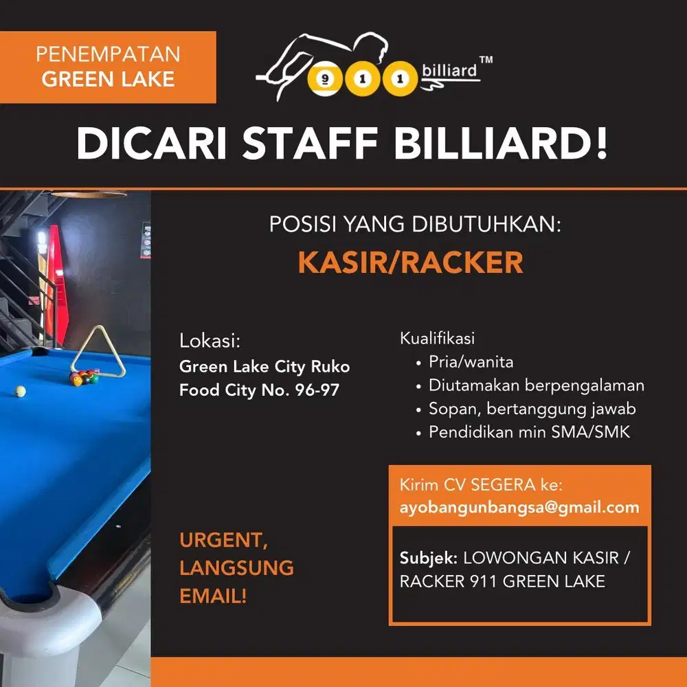Lowongan Kerja Kasir/Racker 911 Billiard Green Lake