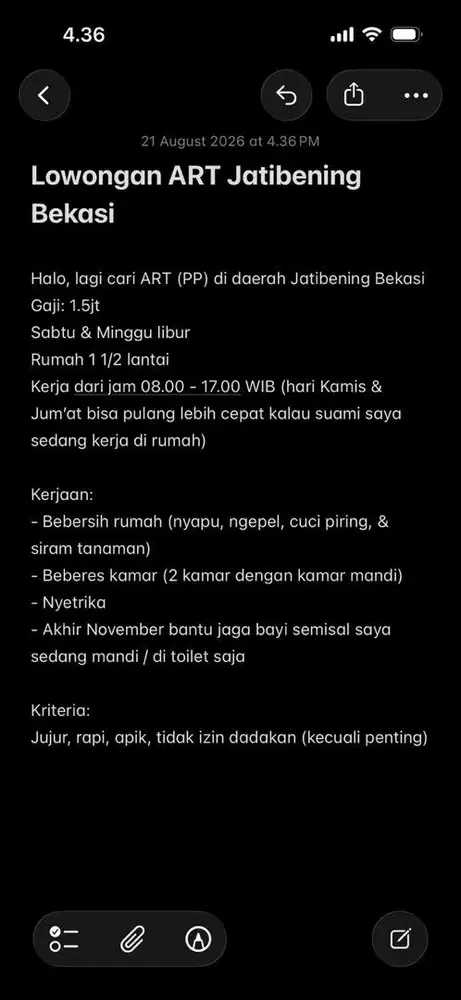 ART PP Jatibening (Rumah 1 1/2 Lantai, Sabtu & Minggu Libur)
