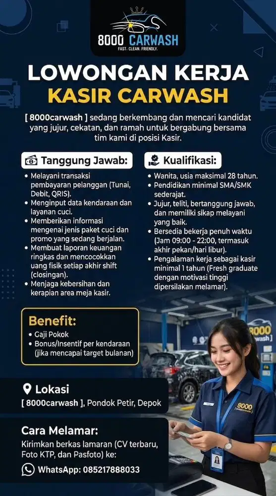 LOWONGAN KERJA KASIR STEAM MOBIL/MOTOR