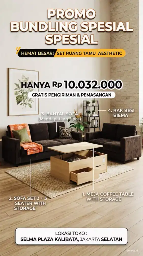 SOFA STORAGE SET 3 + 2 SEATER FREE MEJA TAMU DAN RAK BESI