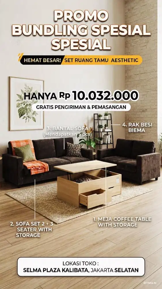 SOFA PENYIMPANAN BUNDLING MEJA TAMU BANTAL SOFA 3 DAN 2 SEATER