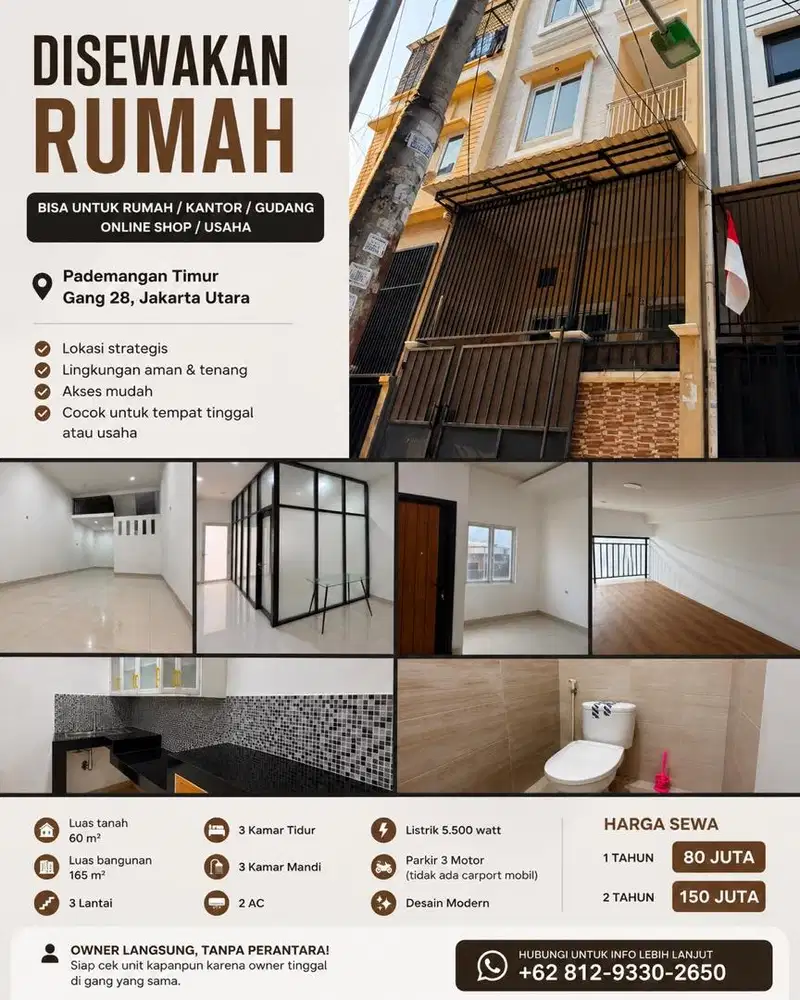 DISEWAKAN Tanpa Perantara - Rumah Modern Pademangan 2 Gang 28