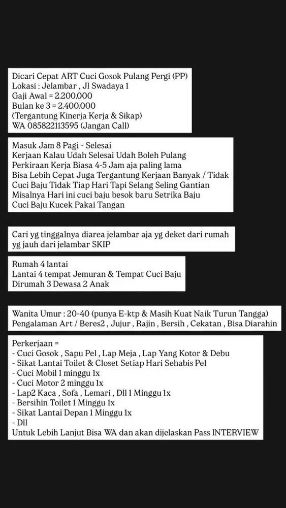 Cari Art Cuci Gosok Beres2 Pulang Pergi Gaji 2.2jt - 2.4jt Jelambar
