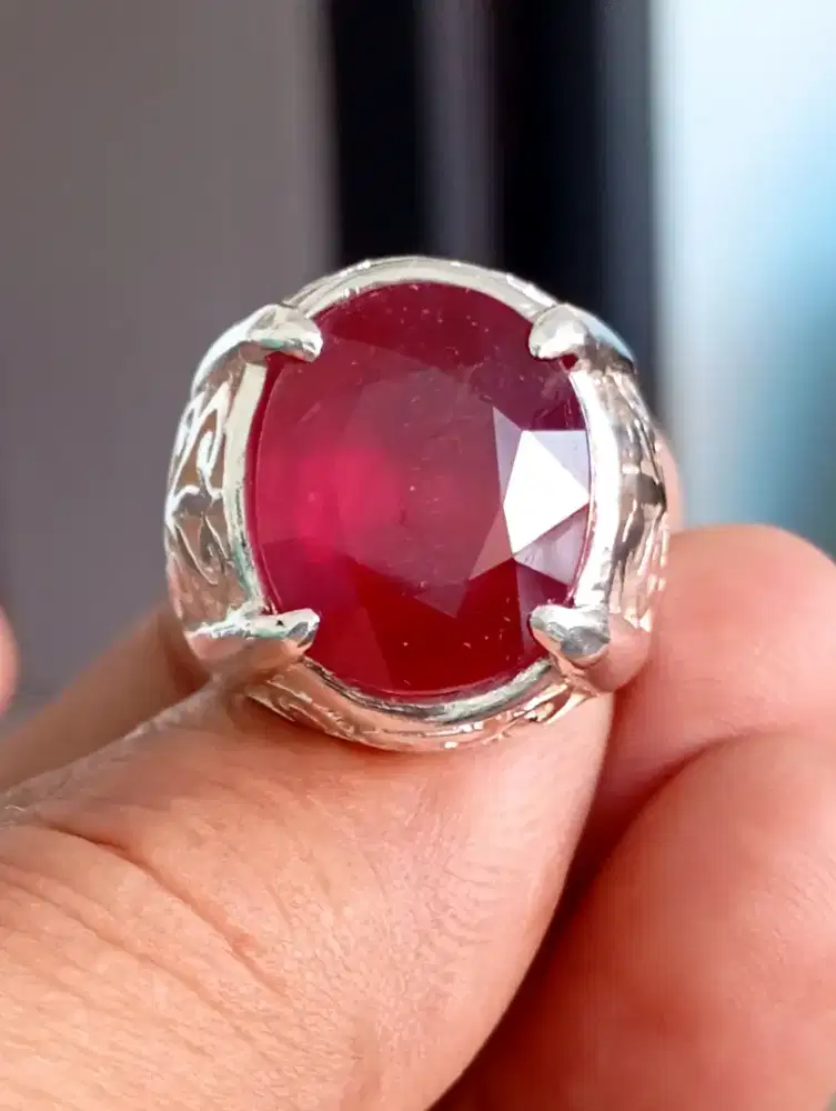 Natural Ruby Red Blood Ring perak ukir
