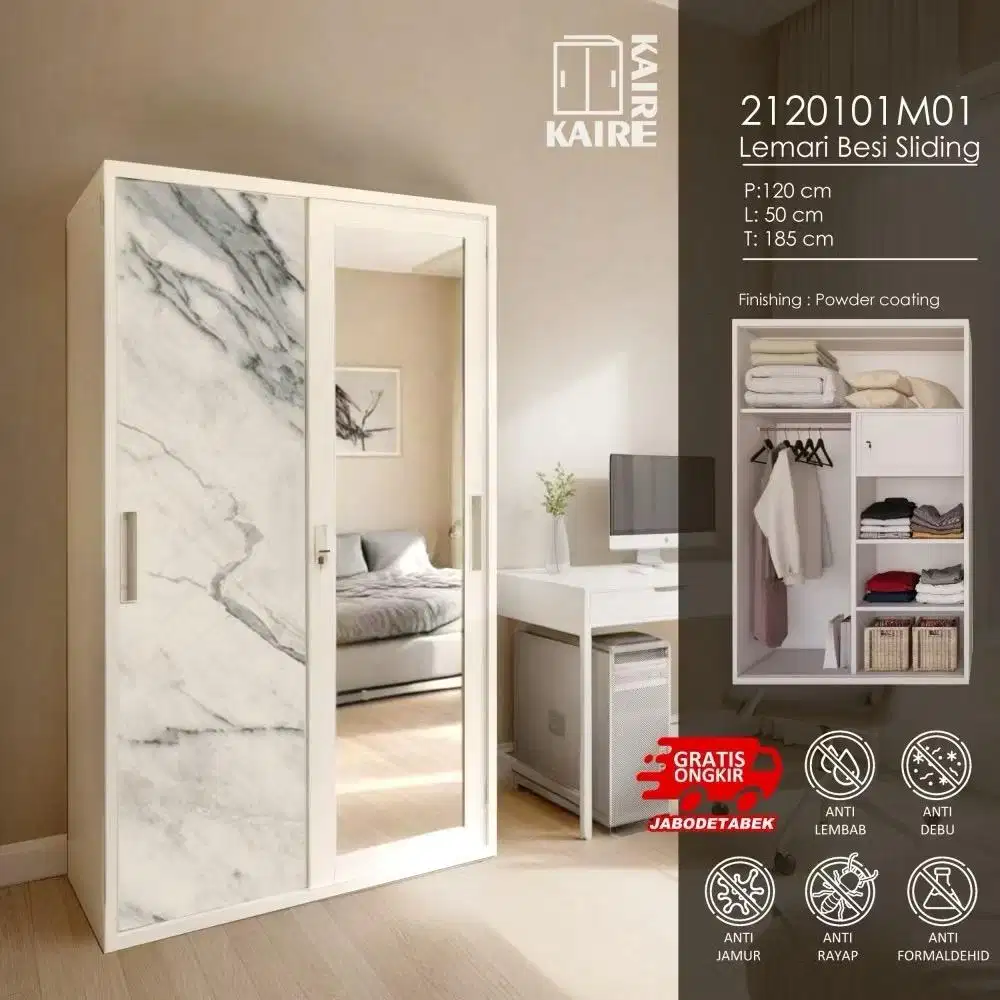 Lemari Pakaian Besi 2 Pintu Sliding Jumbo  120 cm  1 gantungan