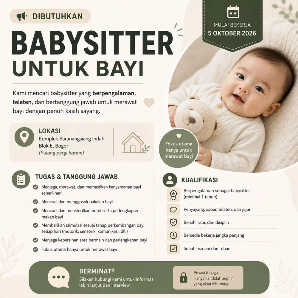 Dibutuhkan Baby Sitter Newborn Pulang Pergi