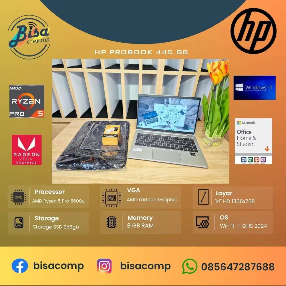 HP Probook 445 G8 AMD Ryzen 5-5600 SSD 256gb Ram 8gb 14inchHD