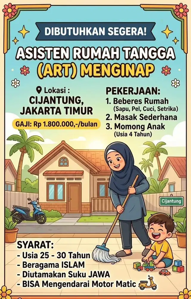 DIBUTUHKAN ART MENGINAP DI JAKARTA TIMUR
