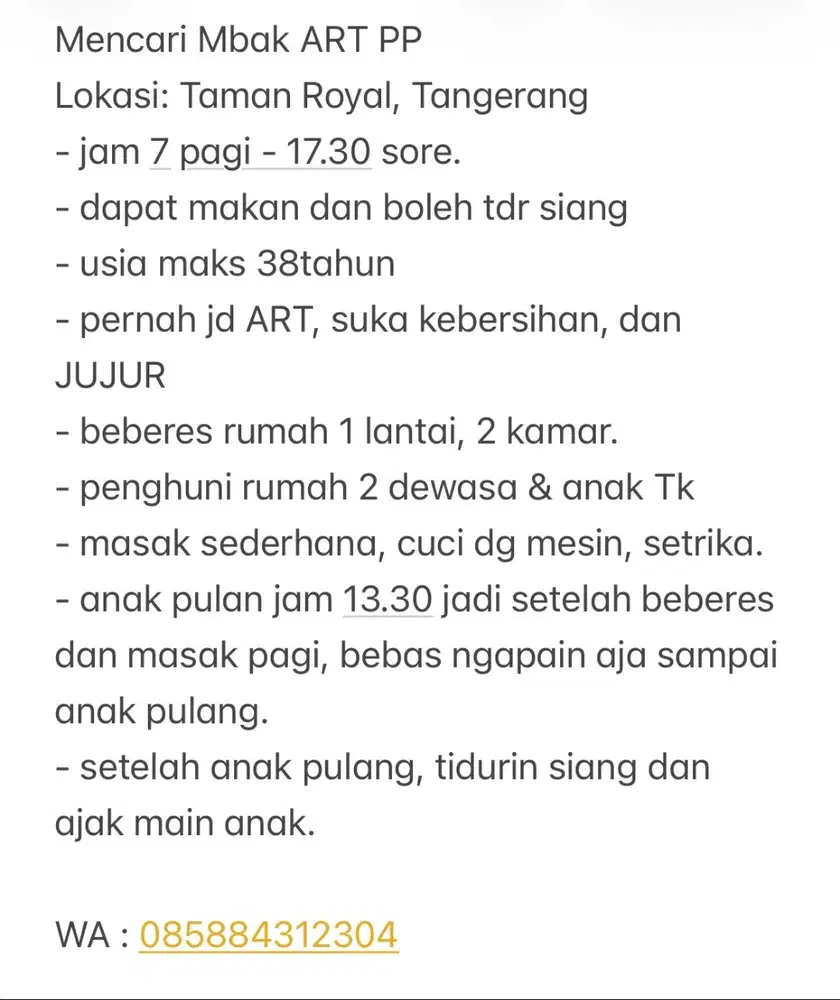 LOWONGAN ASISTEN RUMAH TANGGA PP
