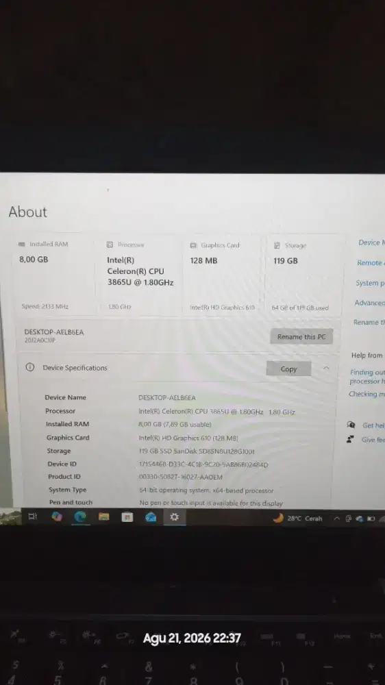 Laptop lenovo  Ram 8/128
