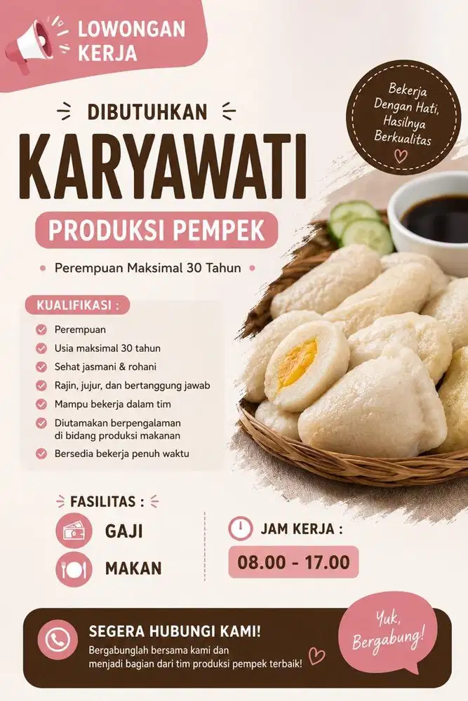 Lowongan Kerja Untuk Karyawati Bagian Produksi Makanan Terutama Pempek