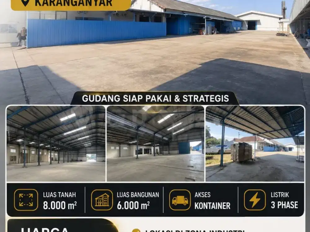 Dijual Gudang Zona Industri Lokasi Strategis Karanganyar Luas 8000m2