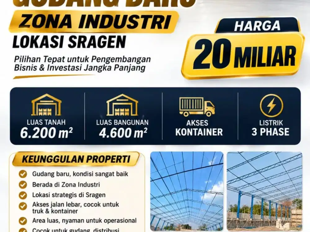 Dijual Gudang Baru Zona Industri Lokasi Sragen Luas 6200m2