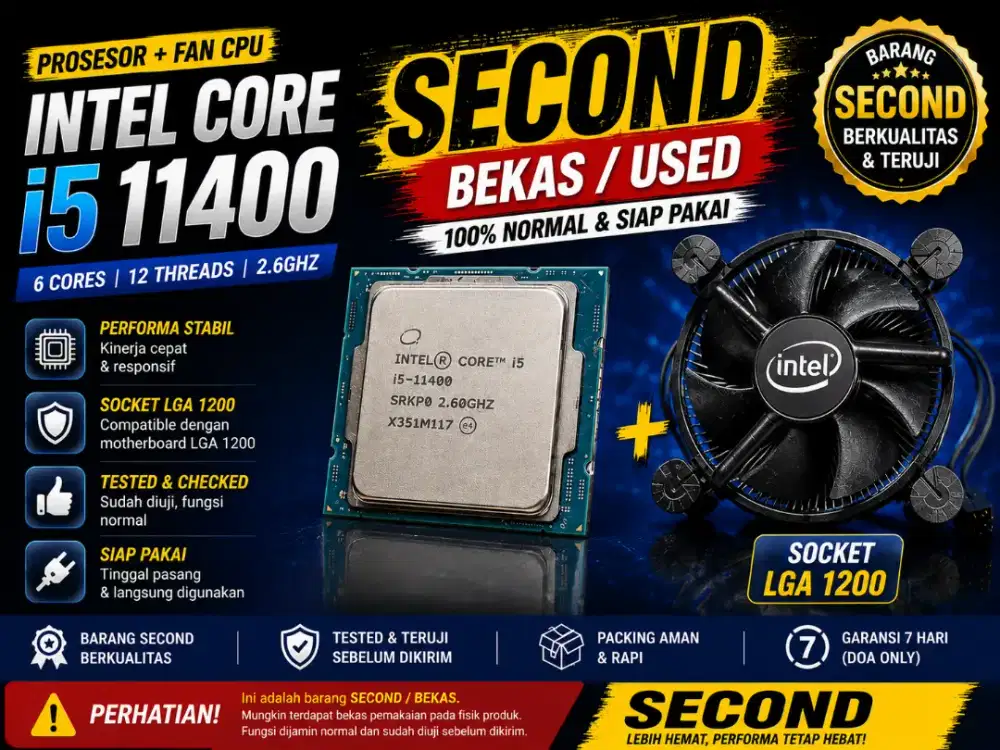PROSESOR SECOND Intel Core i5-11400 Gen 11 + Fan Cpu Intel  | LGA 1200