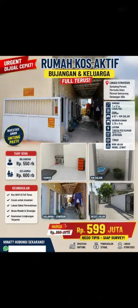 JUAL MURAH RUMAH KOS AKTIF DIGEDANGAN FULL TERUS