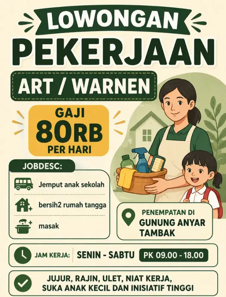 DiCari ART PP tidak nginap