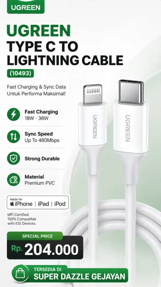 UGREEN TYPE C TO LIGHTNING MFI CABLE (10493)