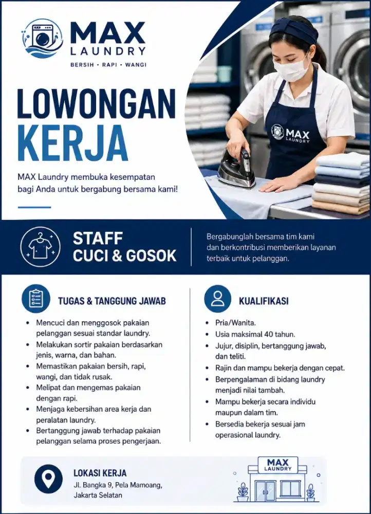 LOWONGAN KERJA – STAFF CUCI & GOSOK LAUNDRY