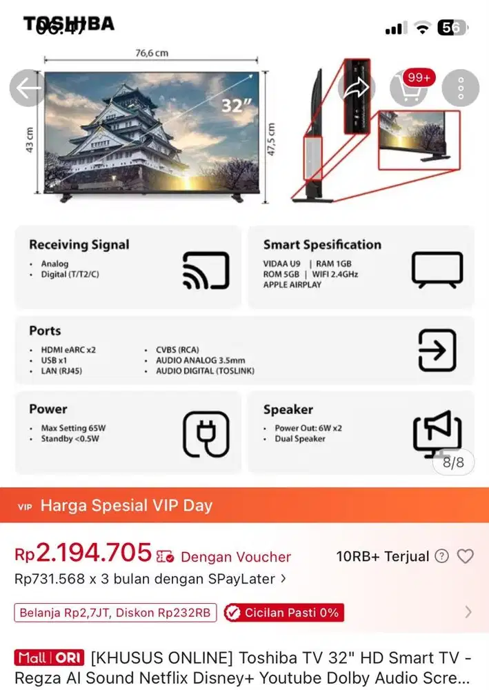TV Toshiba 32inchi Regza warna Hitam