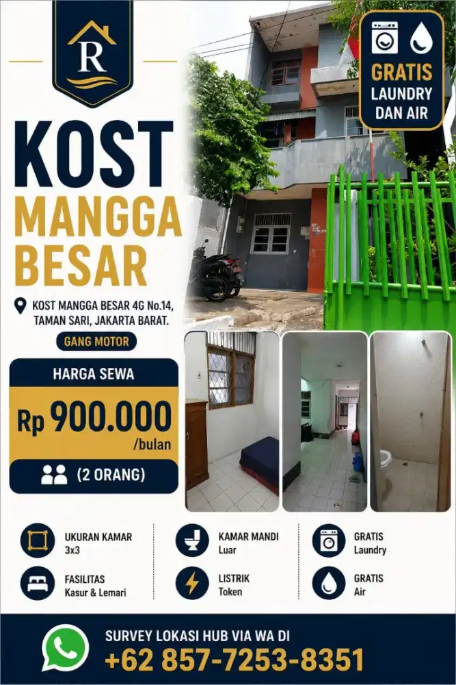 Kost Mangga Besar Rp900 Ribu/Bulan, Gratis Laundry dan Air