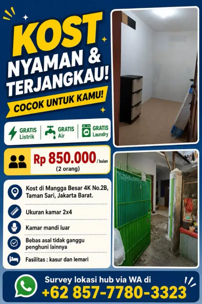 Kost Rp850 Ribu untuk 2 Orang, Gratis Listrik, Air & Laundry