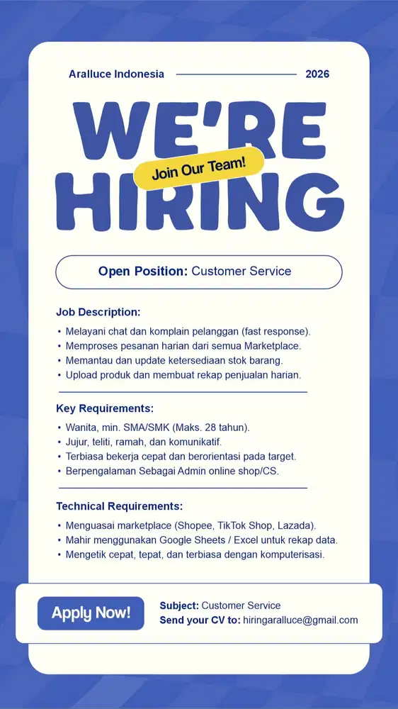 Dicari Customer Service Online Shop - ARALLUCE (Area Bandung)