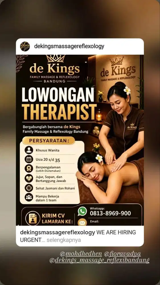 Lowongan Therapist Wanita Berpengalaman (20-35tahun)