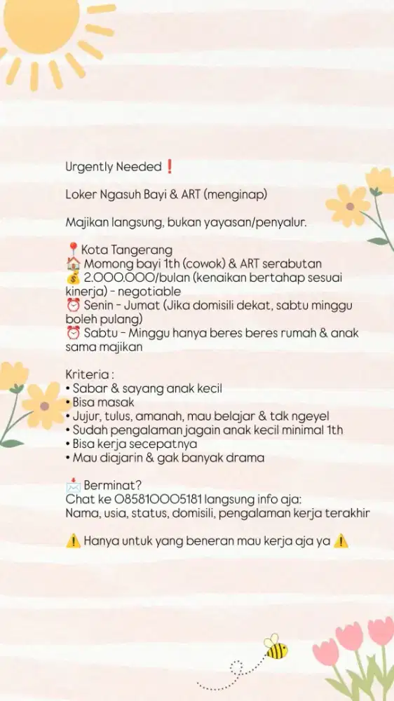 Lowongan ART (menginap) & Momong Anak
