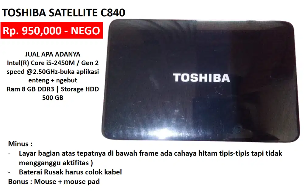 Laptop Toshiba Satellite c840 Intel core i5 gen 2 ram 8 GB hd 500 GB