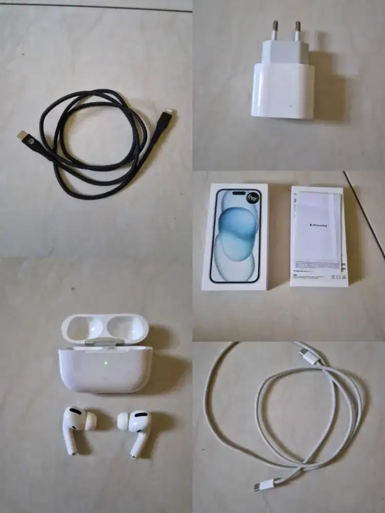 Kabel dan kepala charger ori serta dus book iPhone15,Airpods pro gen 1