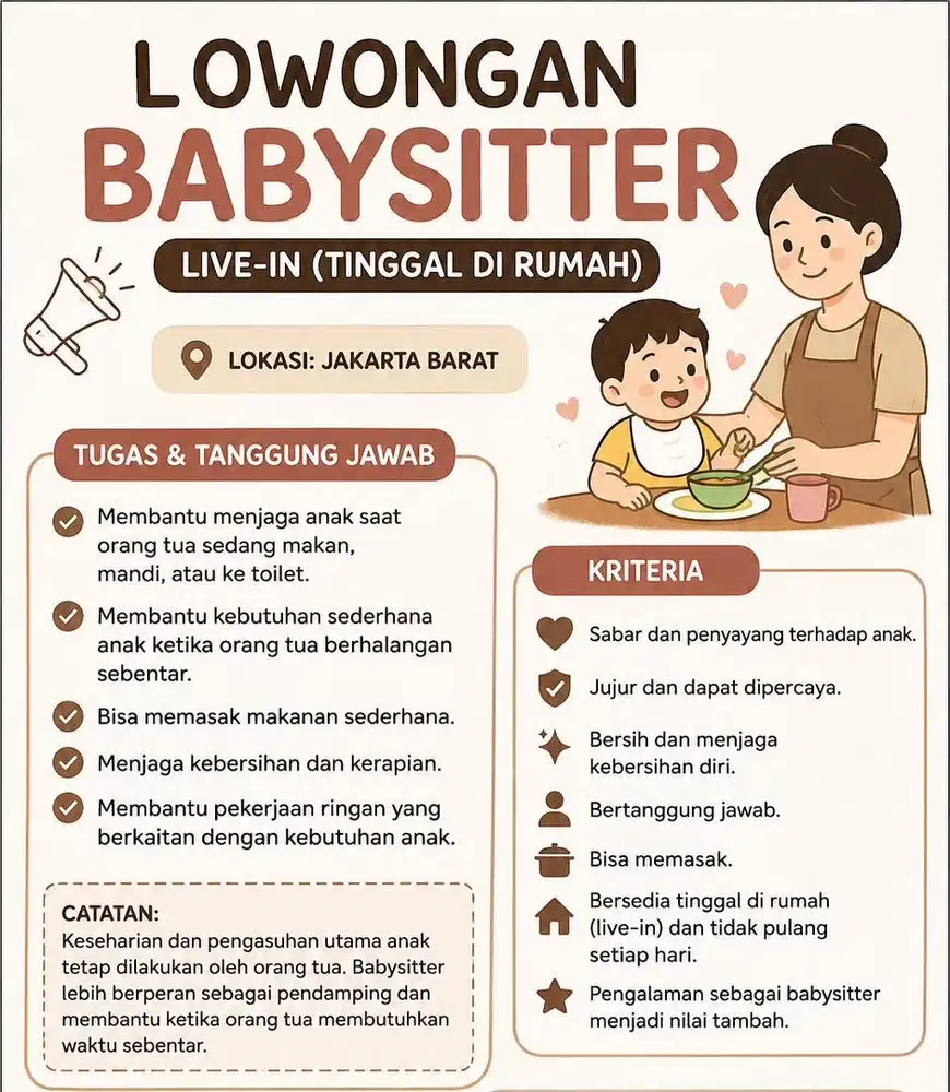 Lowongan Kerja BabySitter Pengasuh anak dan rumah