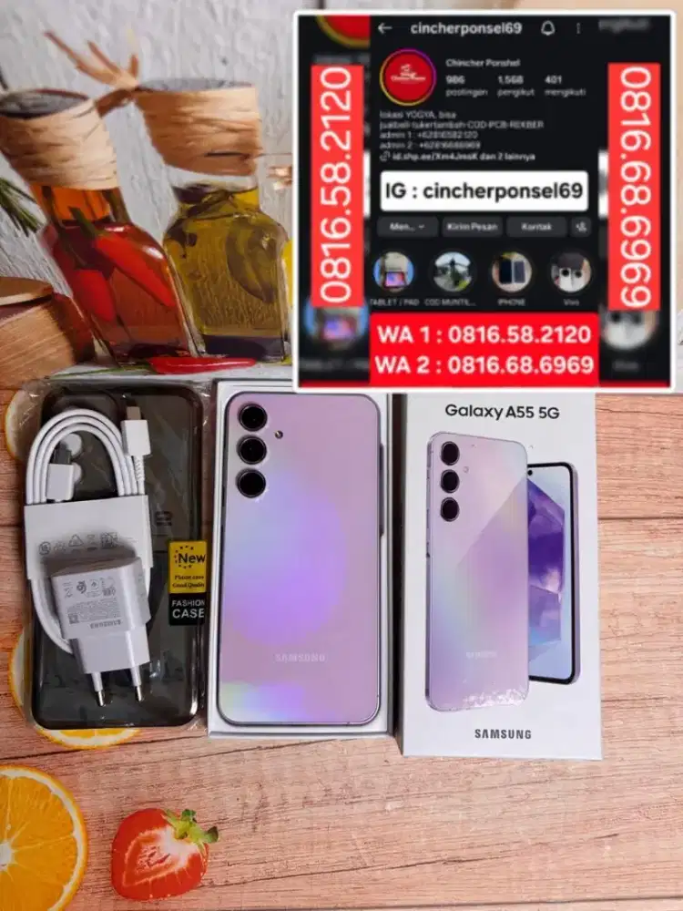 Jual hp likenew samsung A55 5G 8/256 lilac istimewa fre ADAPTOR n case