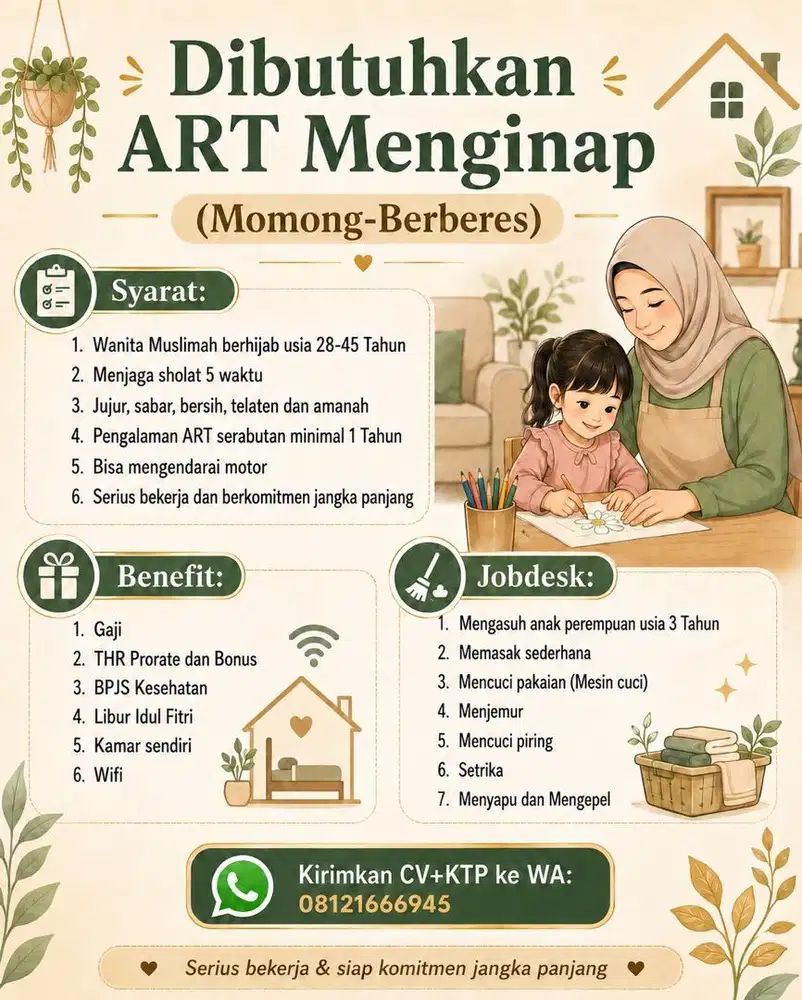Lowongan Kerja ART Momong Berberes Menginap