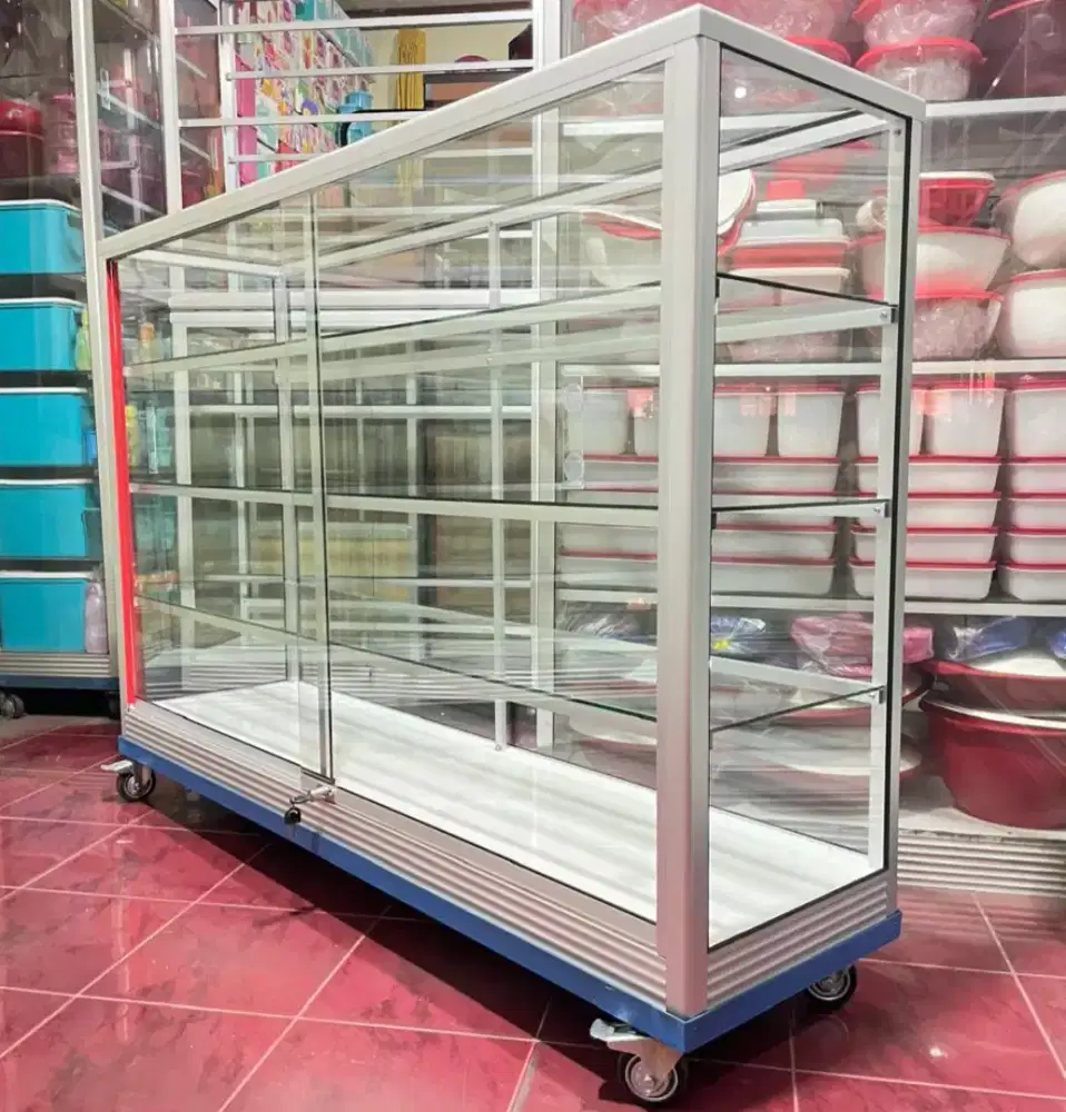 Etalase Panjang 1,5 Meter Sudah PAKE RODA & Kunci