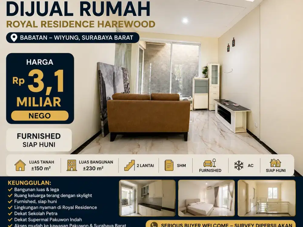 Jual rumah royal residence harewood Surabaya barat , dekat Pakuwon Mall, Citraland dan graha family
