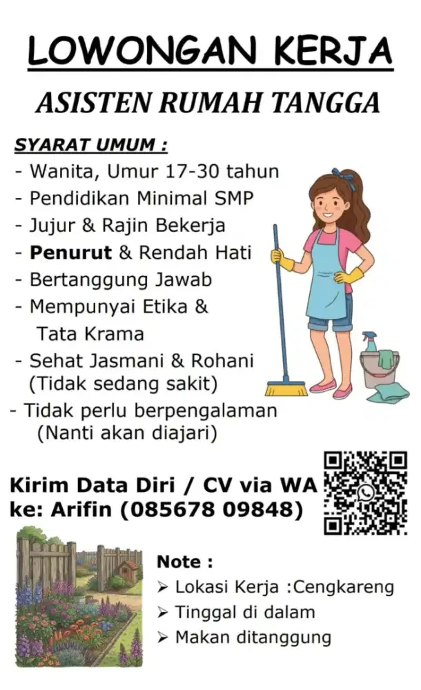 LoKer ART / Pembantu RT, Tinggal dalam, dapat makan, Cengkareng