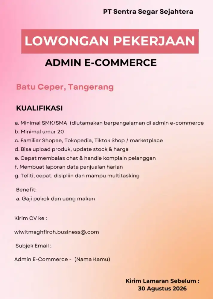 Loker Admin E-commerce & Kasir Restoran