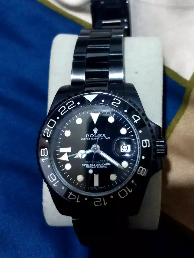ROLEX GMT Jam Automatic All Black Likenew Gucci Lv Louis Vuitton Bally