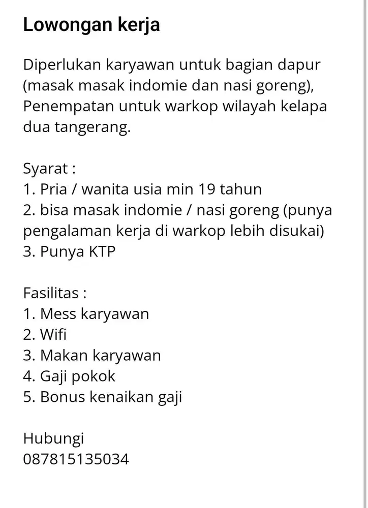 Lowongan pekerjaan warkop tangerang kelapa dua
