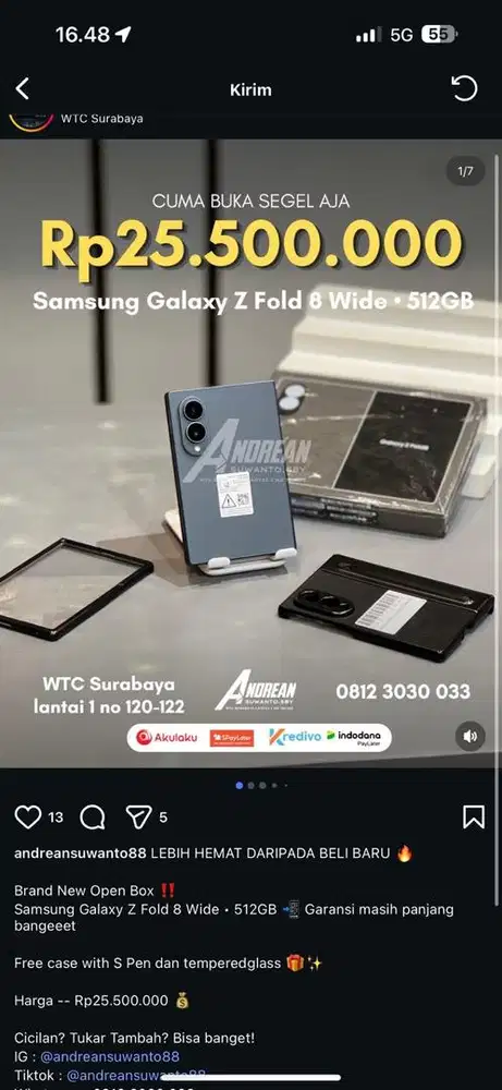 Samsung Galaxy Z Fold 8 Wide • 512GB pemakaian singkat