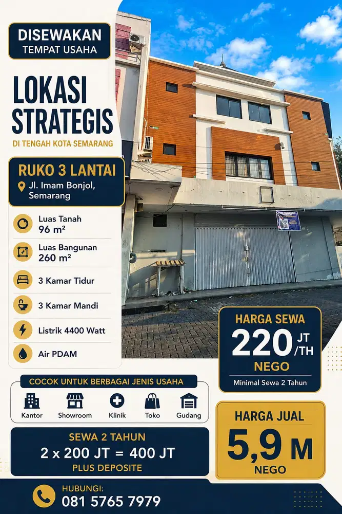 DIJUAL/DISEWAKAN RUKO 3LT/260m STRATEGIS UNTUNG IMAM BONJOL