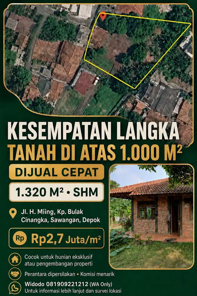 Dijual Cepat Tanah SHM 1.320 m² Cinangka Sawangan Depok (Jarang Ada)