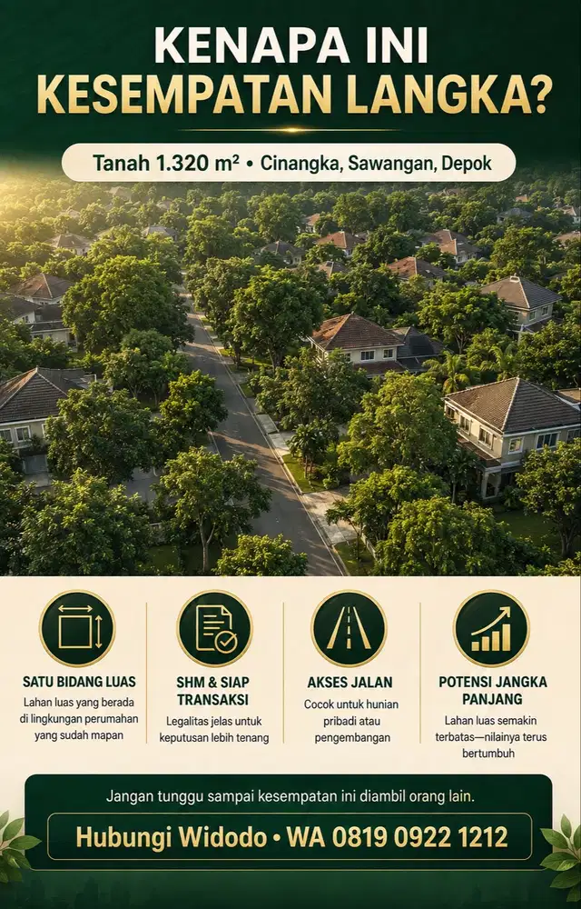 Dijual Cepat Tanah SHM 1.320 m² Cinangka Sawangan Depok (Jarang Ada)